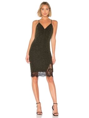 NEW J.O.A. Eyelash Lace Midi Dress in Black Gold Metallic Racerback Side Slit LG